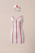 White nurse outfit with red accents on a beige background